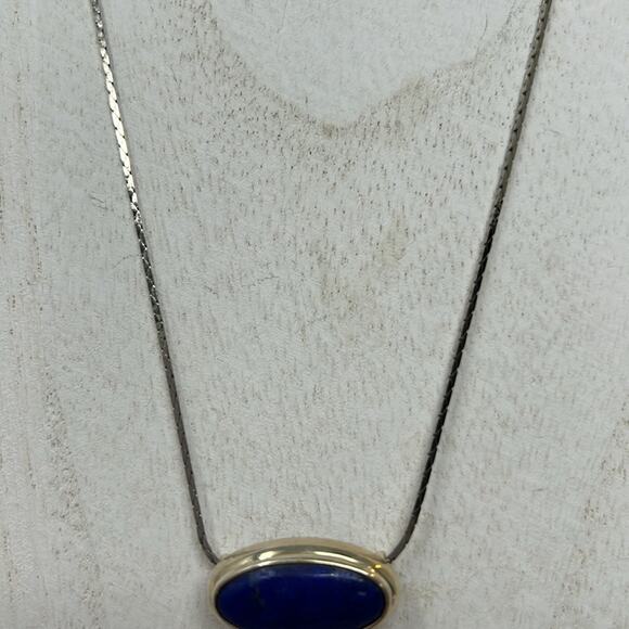 Vintage Oval Shape Turquoise & Lapis 925 Sterling Silver Necklace Size 3/4 inch - Picture 3 of 11